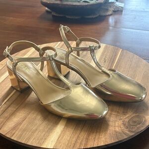 J. Crew Shiny Gold Ankle Strap Heels